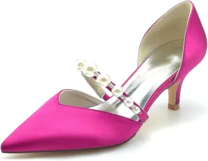 Womens Pointed Toe Court Shoes Dress Pumps Mid Heel Satin Wedding Shoes for Bridal with Rhinestone Slip on Sandals