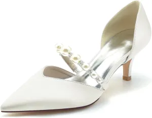 Womens Pointed Toe Court Shoes Dress Pumps Mid Heel Satin Wedding Shoes for Bridal with Rhinestone Slip on Sandals