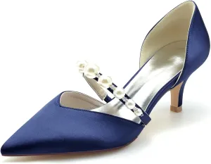 Womens Pointed Toe Court Shoes Dress Pumps Mid Heel Satin Wedding Shoes for Bridal with Rhinestone Slip on Sandals