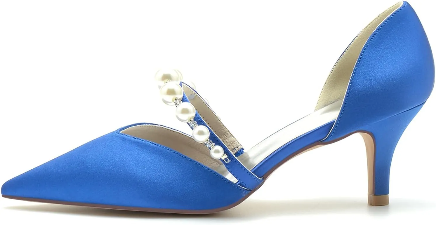 Womens Pointed Toe Court Shoes Dress Pumps Mid Heel Satin Wedding Shoes for Bridal with Rhinestone Slip on Sandals