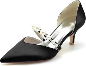 Womens Pointed Toe Court Shoes Dress Pumps Mid Heel Satin Wedding Shoes for Bridal with Rhinestone Slip on Sandals