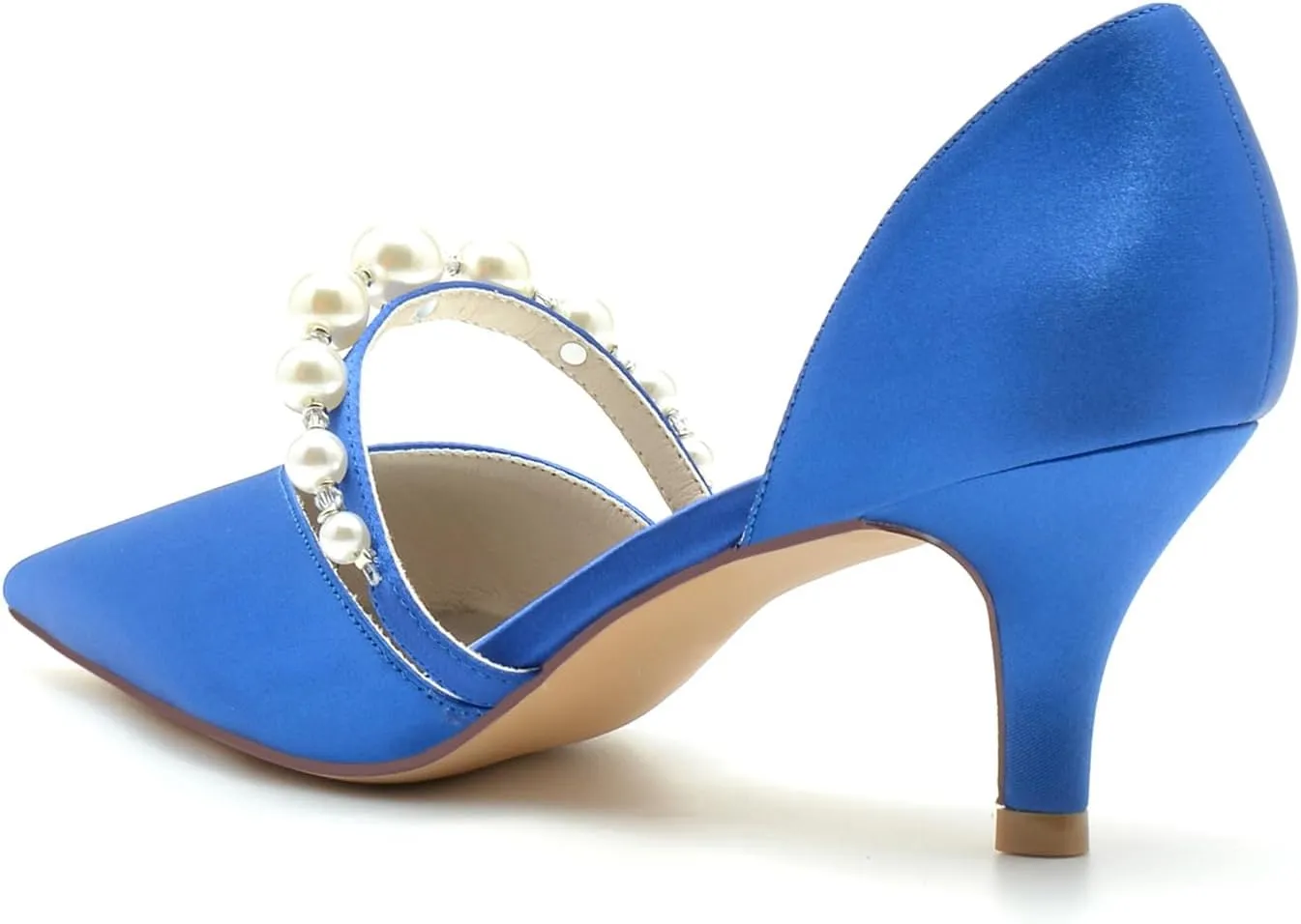 Womens Pointed Toe Court Shoes Dress Pumps Mid Heel Satin Wedding Shoes for Bridal with Rhinestone Slip on Sandals