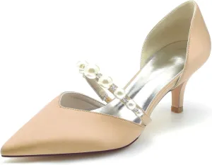 Womens Pointed Toe Court Shoes Dress Pumps Mid Heel Satin Wedding Shoes for Bridal with Rhinestone Slip on Sandals