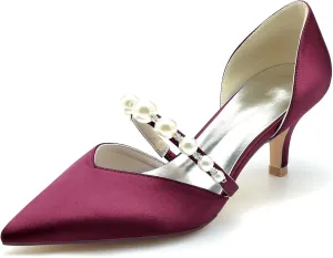 Womens Pointed Toe Court Shoes Dress Pumps Mid Heel Satin Wedding Shoes for Bridal with Rhinestone Slip on Sandals