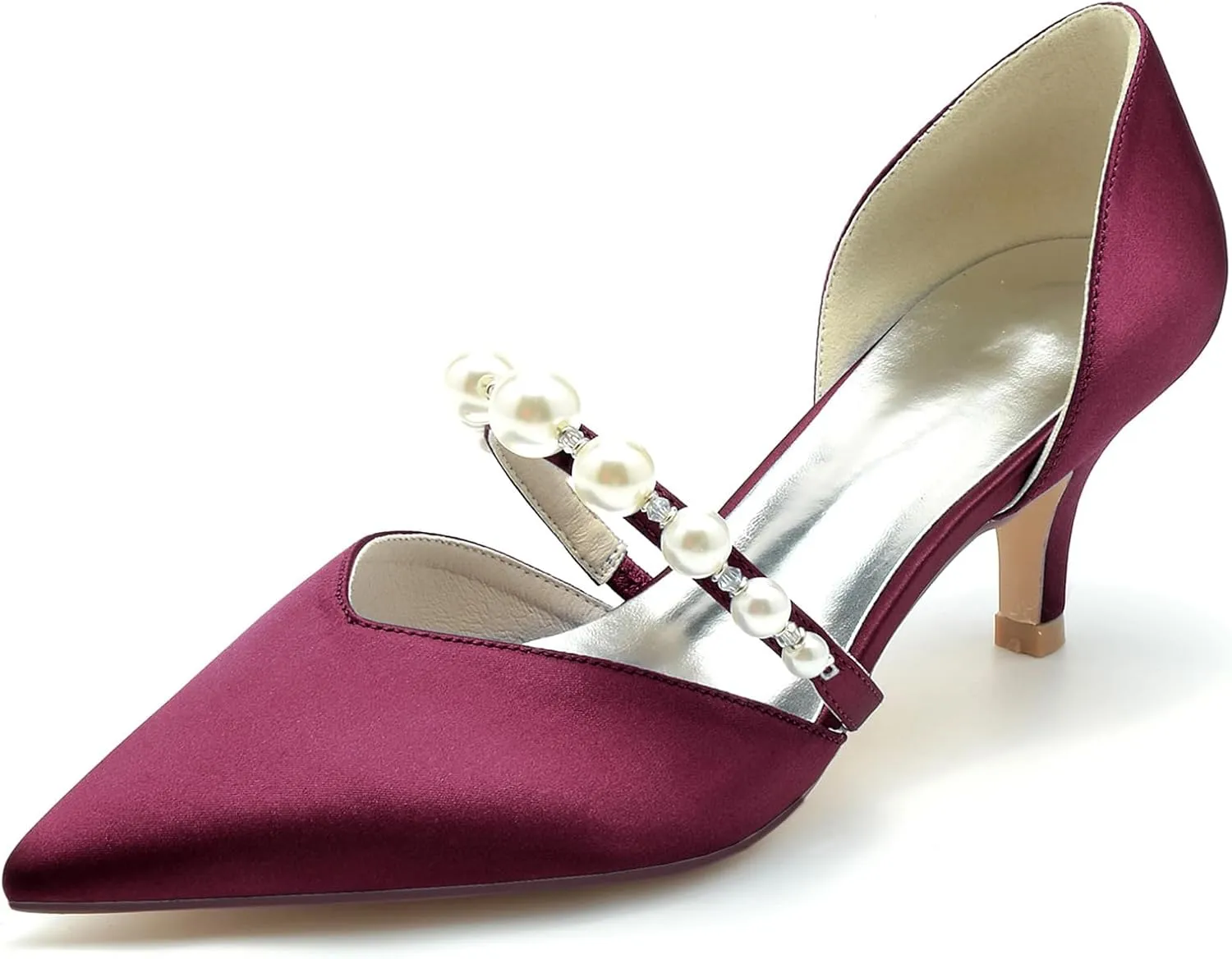 Womens Pointed Toe Court Shoes Dress Pumps Mid Heel Satin Wedding Shoes for Bridal with Rhinestone Slip on Sandals