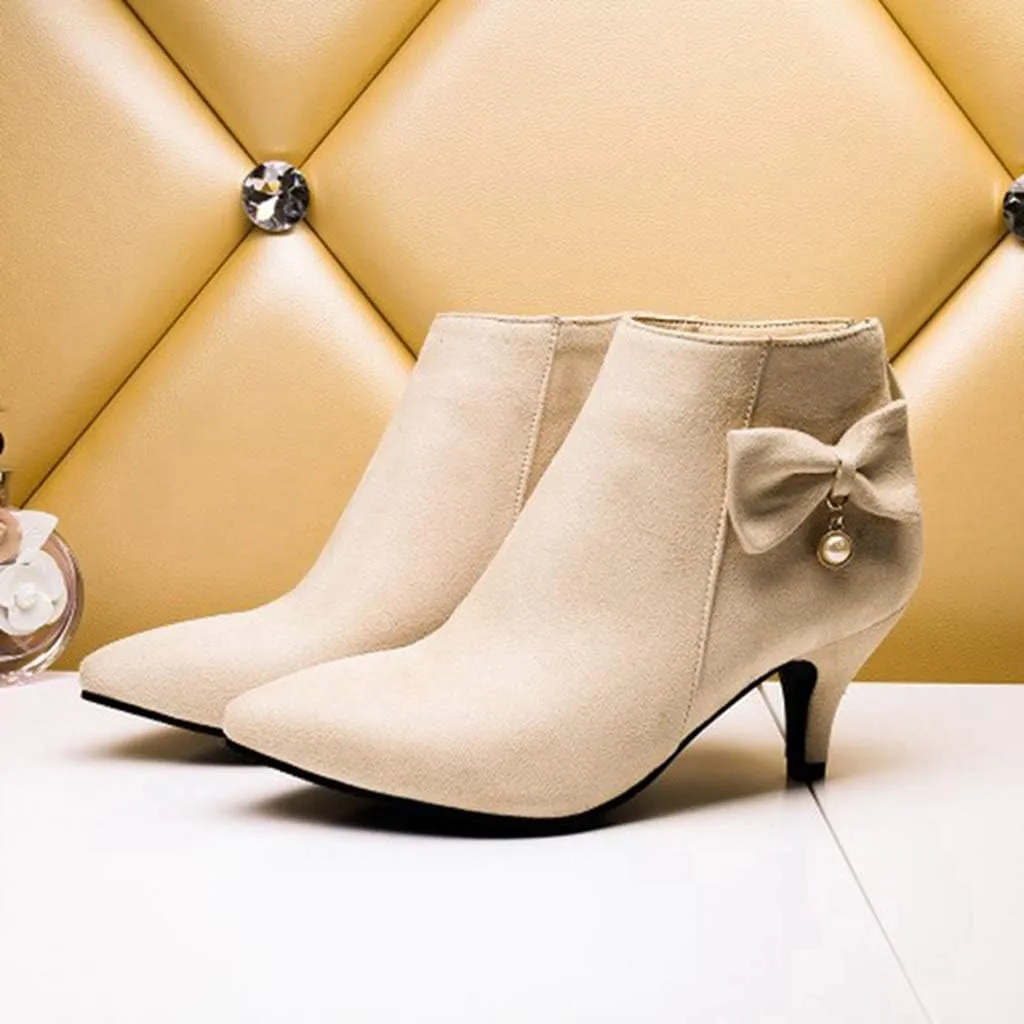 Women's Pointed Toe Dressy Ankle Booties Fashion Bow Kitten Low Heel Comfort Elegant Short Boots