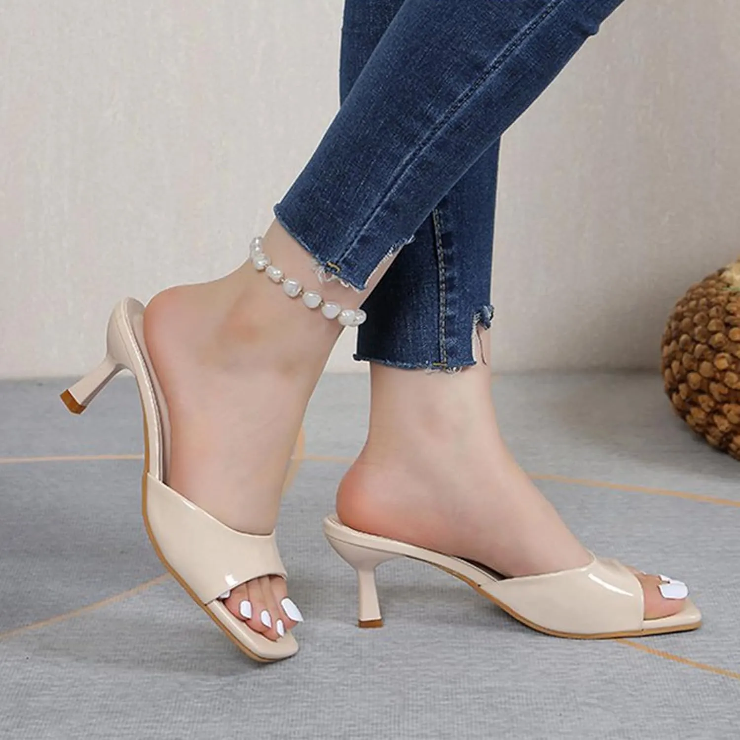 Women's Pu Kitten Heel Fish Mouth Dress Sandals Comfortable Square Open Toe One-Strap Stiletto Backless One-Step Sexy Sandals Suitable for Business Work Party