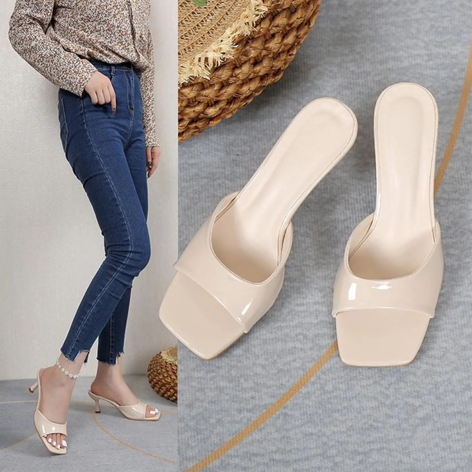 Women's Pu Kitten Heel Fish Mouth Dress Sandals Comfortable Square Open Toe One-Strap Stiletto Backless One-Step Sexy Sandals Suitable for Business Work Party