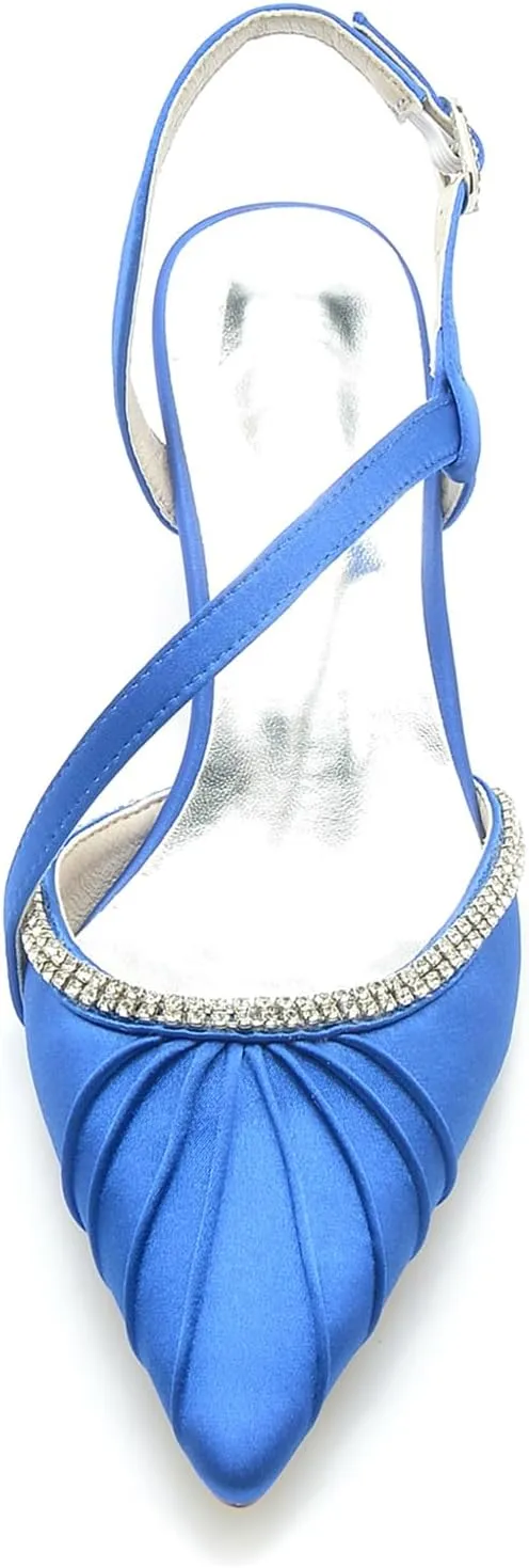 Women's Pumps Closed Satin Rhinestone Heels Bridal Shoes Slingback Pointed Toe Wedding Party Dress Shoes