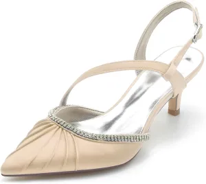 Women's Pumps Closed Satin Rhinestone Heels Bridal Shoes Slingback Pointed Toe Wedding Party Dress Shoes
