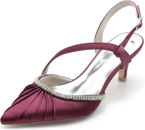 Women's Pumps Closed Satin Rhinestone Heels Bridal Shoes Slingback Pointed Toe Wedding Party Dress Shoes