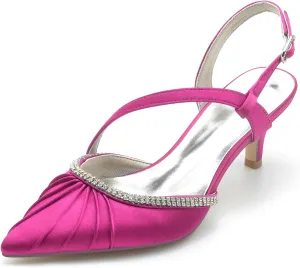 Women's Pumps Closed Satin Rhinestone Heels Bridal Shoes Slingback Pointed Toe Wedding Party Dress Shoes