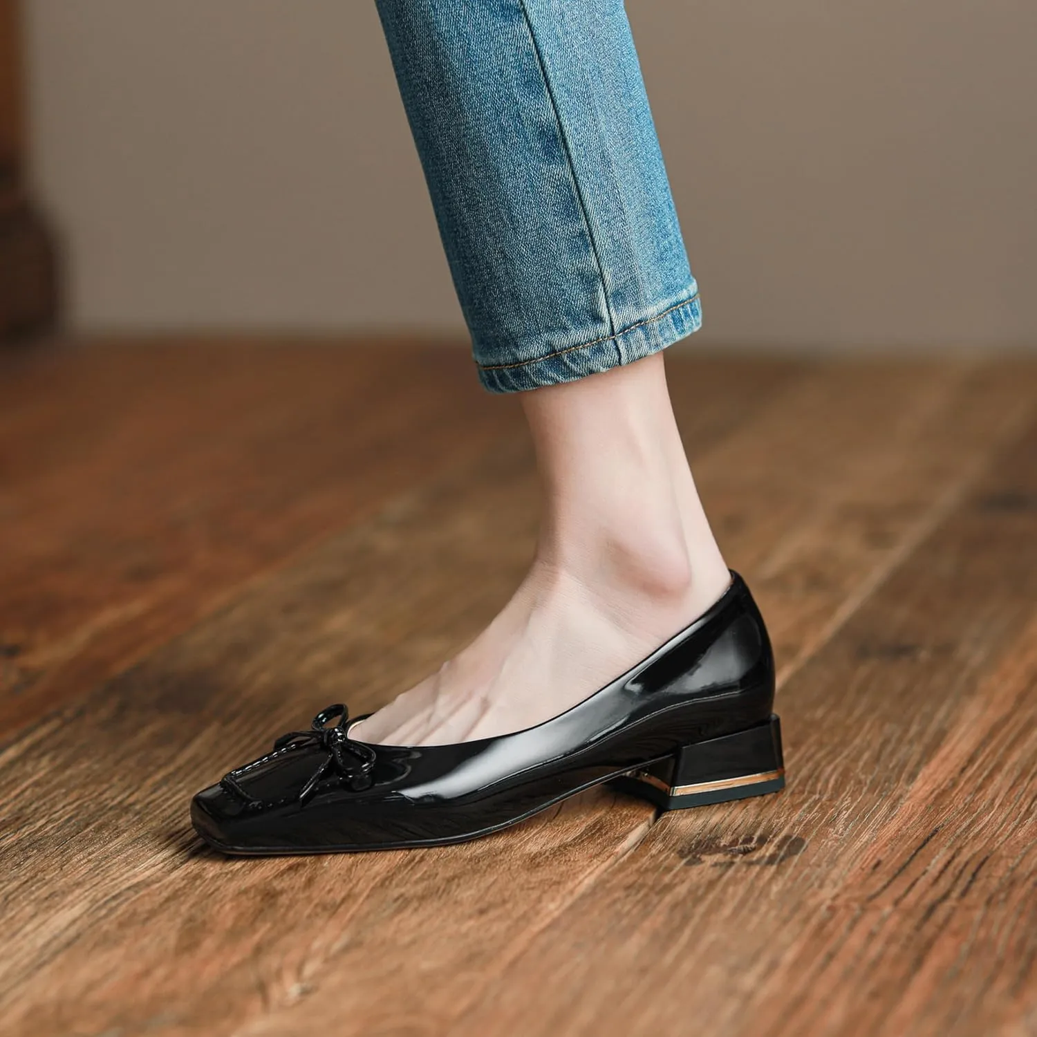 Women's Pumps Handmade Glossy Patent Leather Loafer Shoes for Women Classic Square Toe Block Chunky Heel Slip On with Bowknot