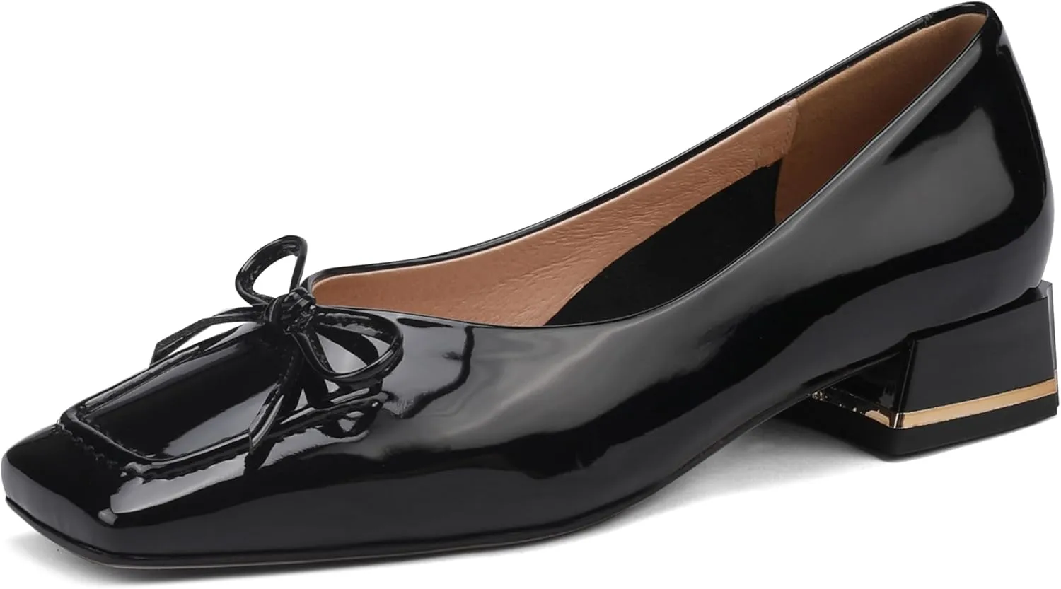 Women's Pumps Handmade Glossy Patent Leather Loafer Shoes for Women Classic Square Toe Block Chunky Heel Slip On with Bowknot
