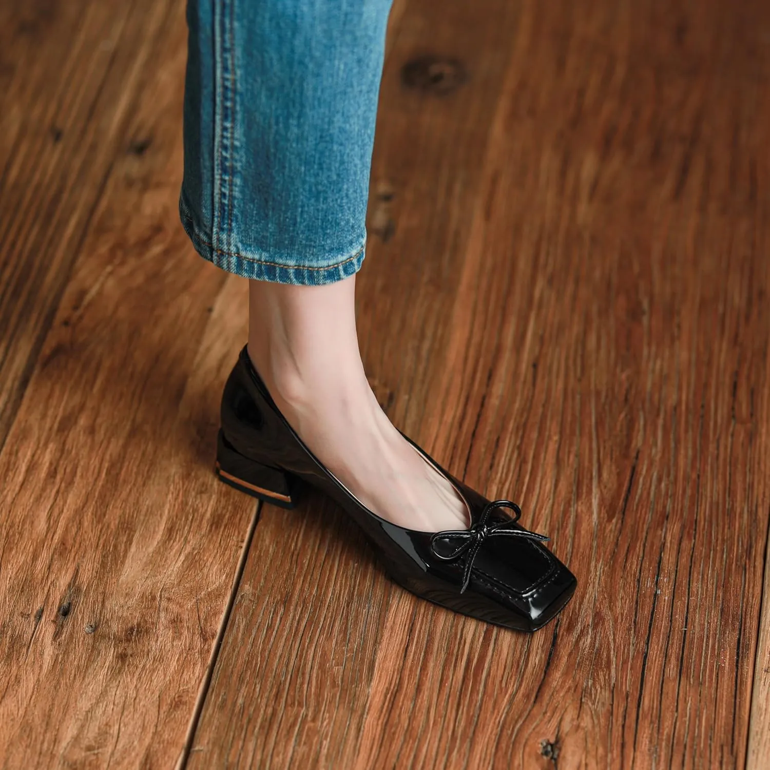 Women's Pumps Handmade Glossy Patent Leather Loafer Shoes for Women Classic Square Toe Block Chunky Heel Slip On with Bowknot