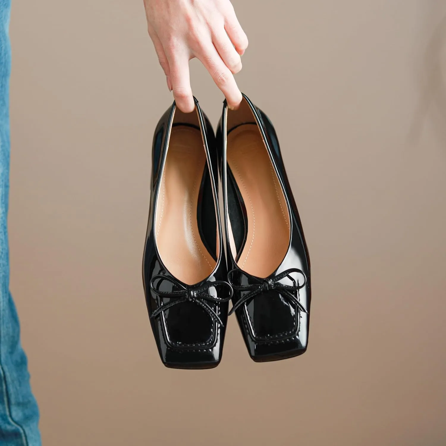 Women's Pumps Handmade Glossy Patent Leather Loafer Shoes for Women Classic Square Toe Block Chunky Heel Slip On with Bowknot