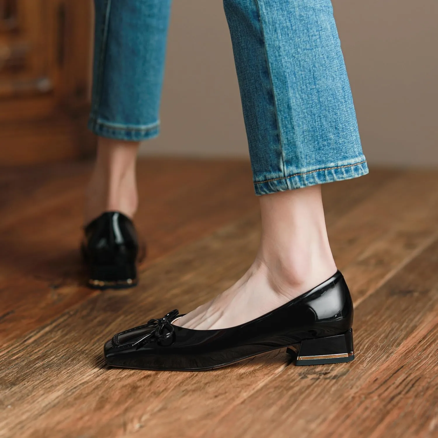 Women's Pumps Handmade Glossy Patent Leather Loafer Shoes for Women Classic Square Toe Block Chunky Heel Slip On with Bowknot