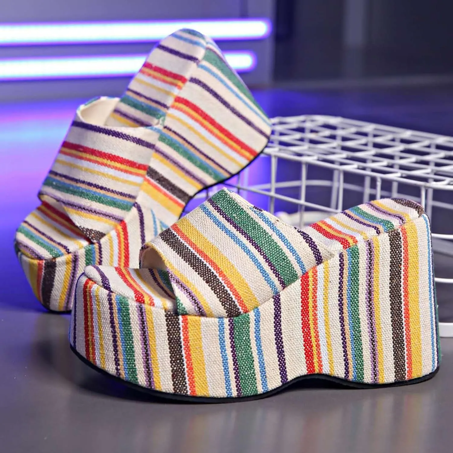 Womens Rainbow Transparent Strappy Platform Wedge Sandals Clear Round Peep Open Toe Slide Summer Beach Crystal Mules Slipper