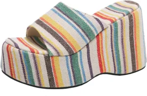 Womens Rainbow Transparent Strappy Platform Wedge Sandals Clear Round Peep Open Toe Slide Summer Beach Crystal Mules Slipper