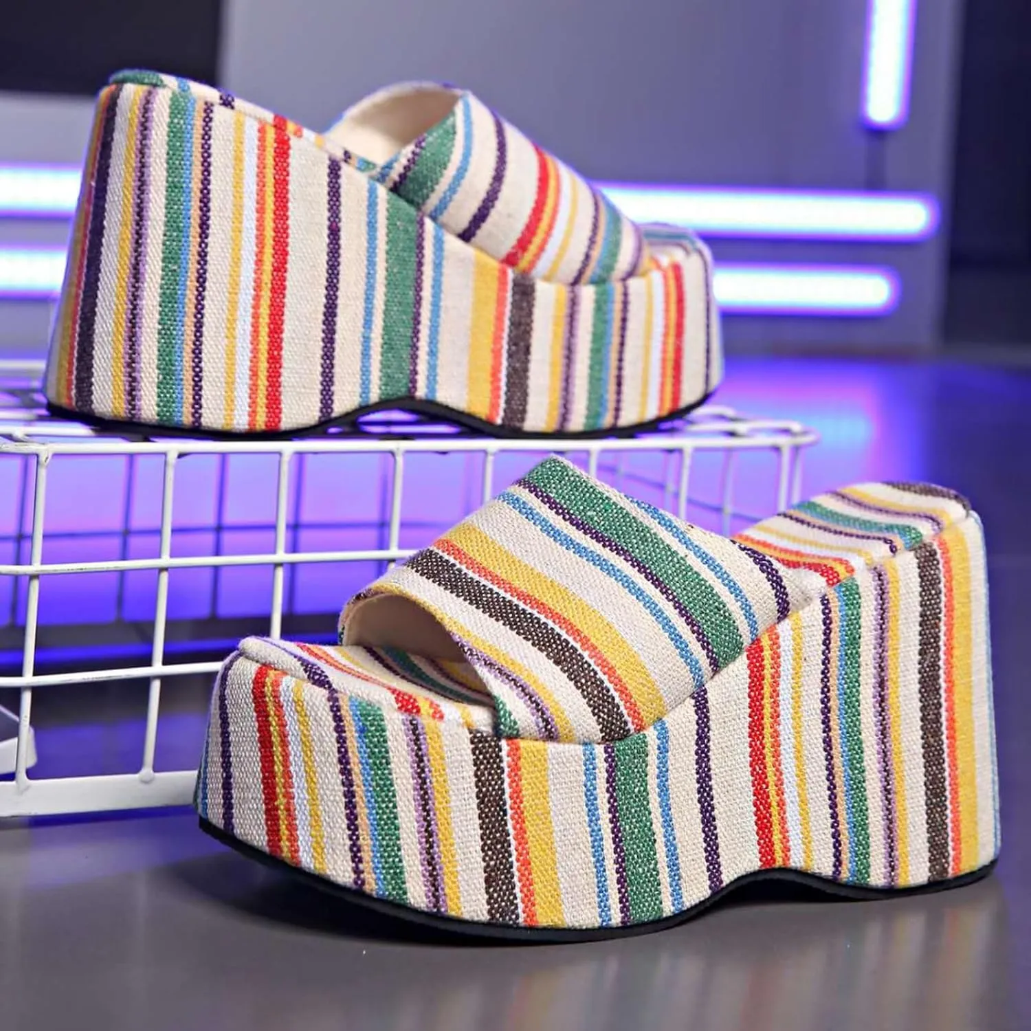 Womens Rainbow Transparent Strappy Platform Wedge Sandals Clear Round Peep Open Toe Slide Summer Beach Crystal Mules Slipper