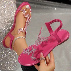 Women’s Rhinestone Butterfly Flat Sandals – Transparent PVC Fairy-Inspired Summer Shoes with Elastic Ankle Strap – Open-Toe Dress Sandals (Sizes 6–11)