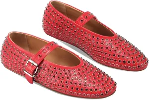 Women's Rhinestone Flats Crystal Studded Mary Jane Ballet Flats Shoes Buckle Ballerina Shoes