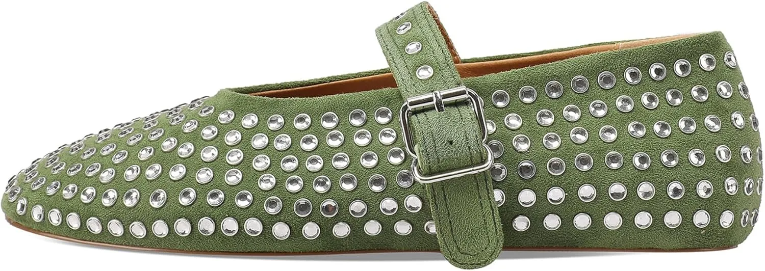Women's Rhinestone Flats Crystal Studded Mary Jane Ballet Flats Shoes Buckle Ballerina Shoes