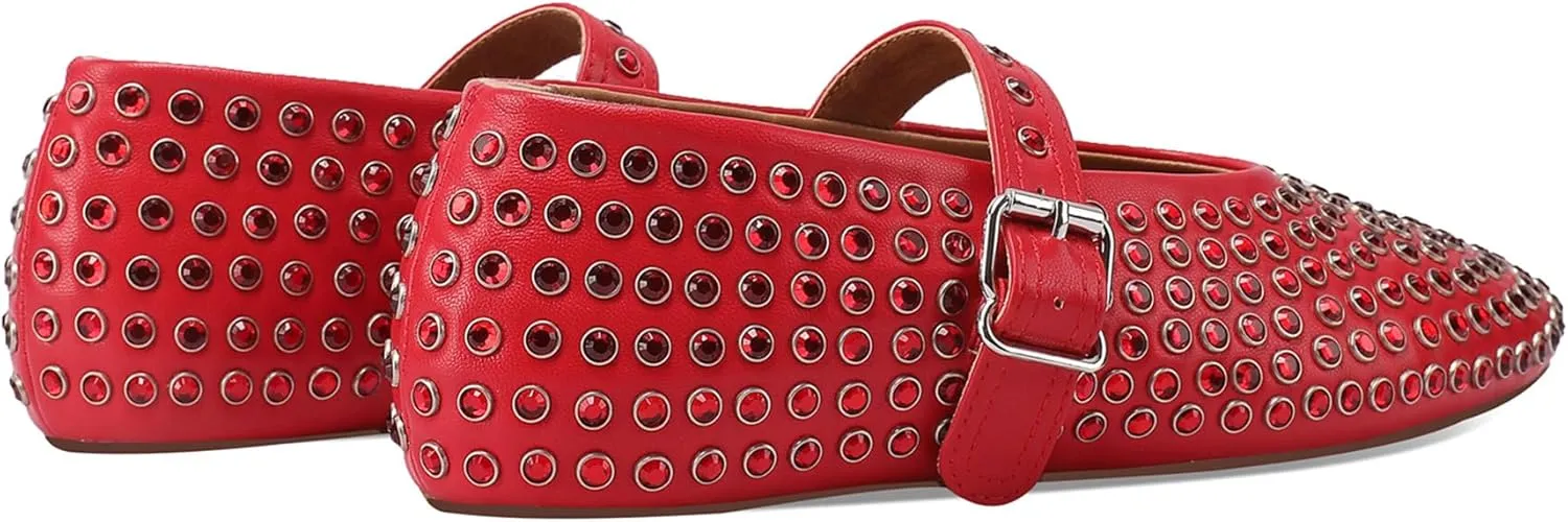 Women's Rhinestone Flats Crystal Studded Mary Jane Ballet Flats Shoes Buckle Ballerina Shoes