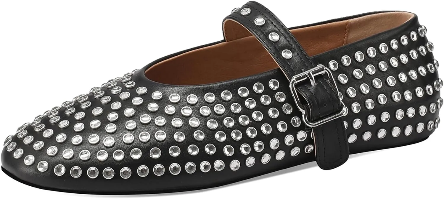 Women's Rhinestone Flats Crystal Studded Mary Jane Ballet Flats Shoes Buckle Ballerina Shoes