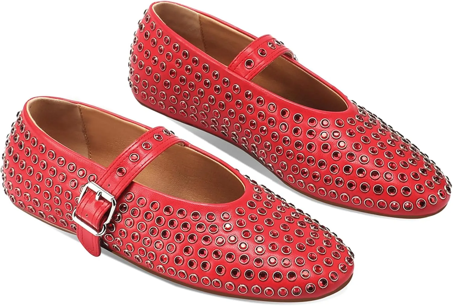 Women's Rhinestone Flats Crystal Studded Mary Jane Ballet Flats Shoes Buckle Ballerina Shoes