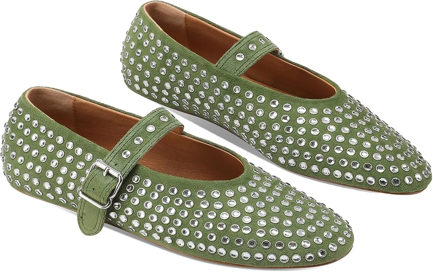 Women's Rhinestone Flats Crystal Studded Mary Jane Ballet Flats Shoes Buckle Ballerina Shoes