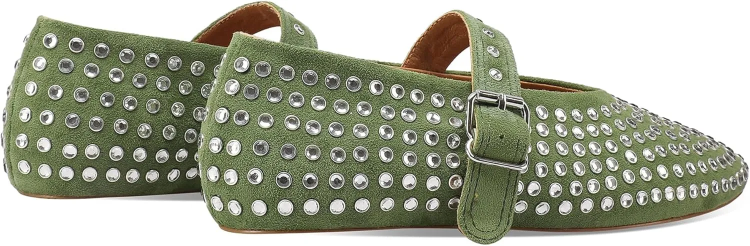 Women's Rhinestone Flats Crystal Studded Mary Jane Ballet Flats Shoes Buckle Ballerina Shoes