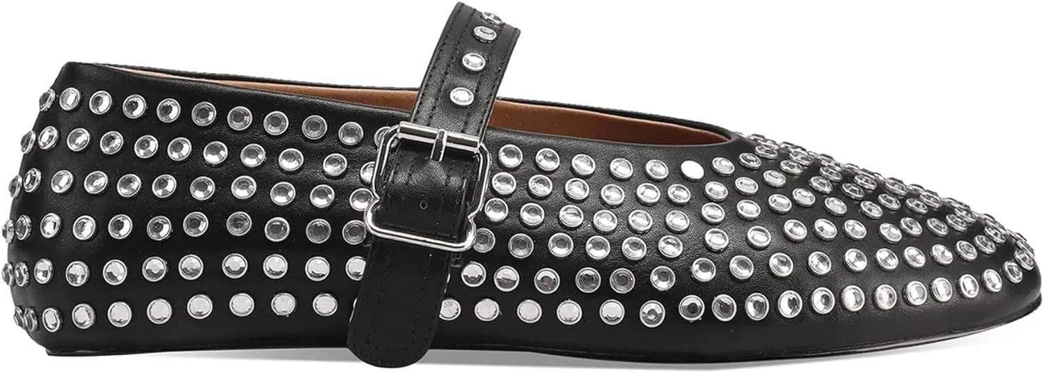 Women's Rhinestone Flats Crystal Studded Mary Jane Ballet Flats Shoes Buckle Ballerina Shoes