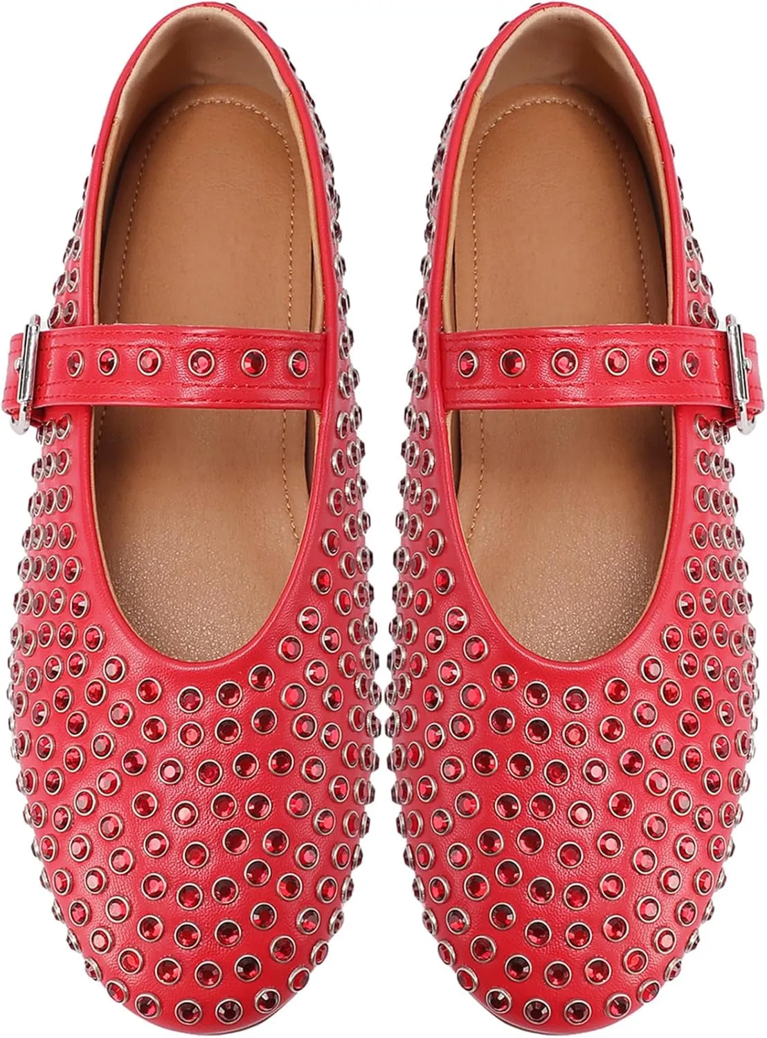Women's Rhinestone Flats Crystal Studded Mary Jane Ballet Flats Shoes Buckle Ballerina Shoes
