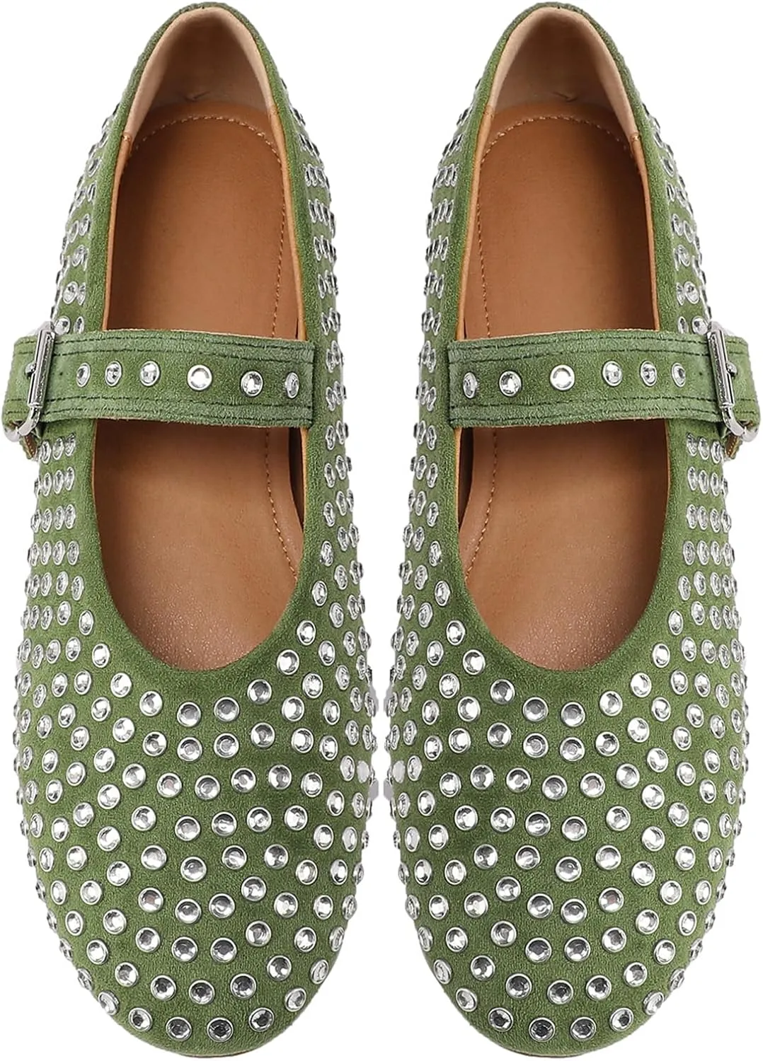 Women's Rhinestone Flats Crystal Studded Mary Jane Ballet Flats Shoes Buckle Ballerina Shoes