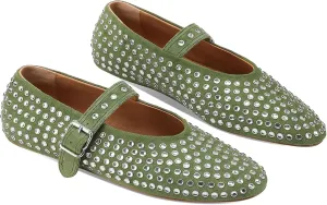 Women's Rhinestone Flats Crystal Studded Mary Jane Ballet Flats Shoes Buckle Ballerina Shoes