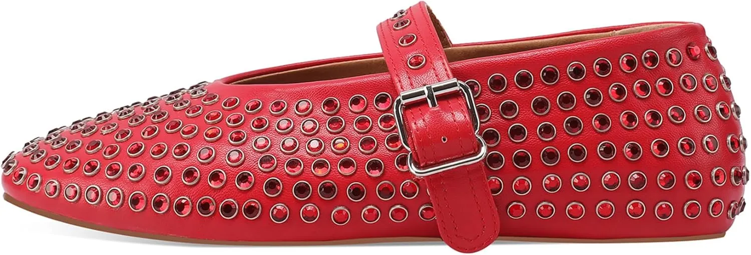 Women's Rhinestone Flats Crystal Studded Mary Jane Ballet Flats Shoes Buckle Ballerina Shoes