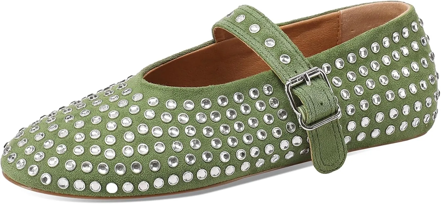 Women's Rhinestone Flats Crystal Studded Mary Jane Ballet Flats Shoes Buckle Ballerina Shoes
