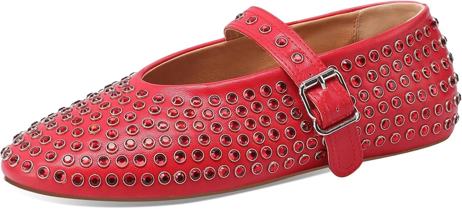 Women's Rhinestone Flats Crystal Studded Mary Jane Ballet Flats Shoes Buckle Ballerina Shoes