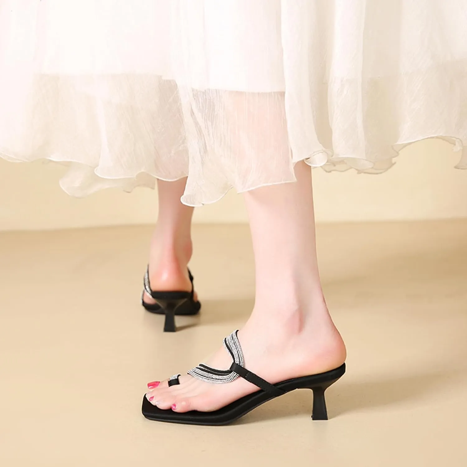 Women's Rhinestone Strappy Clip Toe Square Toe Kitten Heel Sandals Sexy Backless Comfortable Non-slip Slip-on Slide Sandals Summer Party Wedding Dress Date Flip Flops