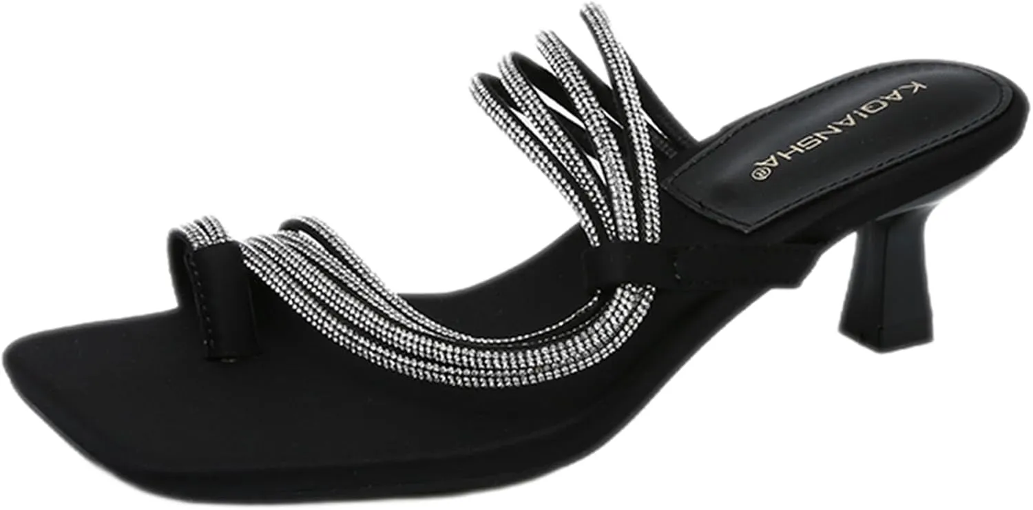 Women's Rhinestone Strappy Clip Toe Square Toe Kitten Heel Sandals Sexy Backless Comfortable Non-slip Slip-on Slide Sandals Summer Party Wedding Dress Date Flip Flops