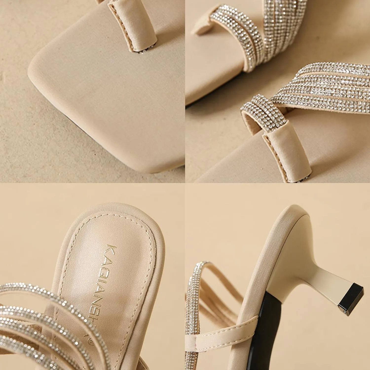 Women's Rhinestone Strappy Clip Toe Square Toe Kitten Heel Sandals Sexy Backless Comfortable Non-slip Slip-on Slide Sandals Summer Party Wedding Dress Date Flip Flops