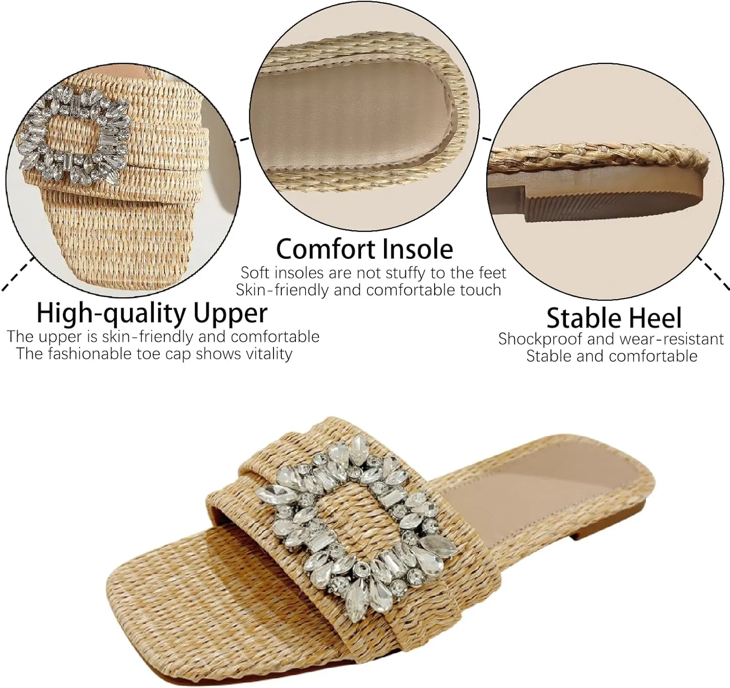 Women's Rhinestones Weave Wide Width Flat Slides Sandals Fashion Comfort Square Toe Slip on Summer Non-Slip Walking Slippers for Indoor Outdoor Beach Daily Casual Slippers
