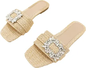 Women's Rhinestones Weave Wide Width Flat Slides Sandals Fashion Comfort Square Toe Slip on Summer Non-Slip Walking Slippers for Indoor Outdoor Beach Daily Casual Slippers