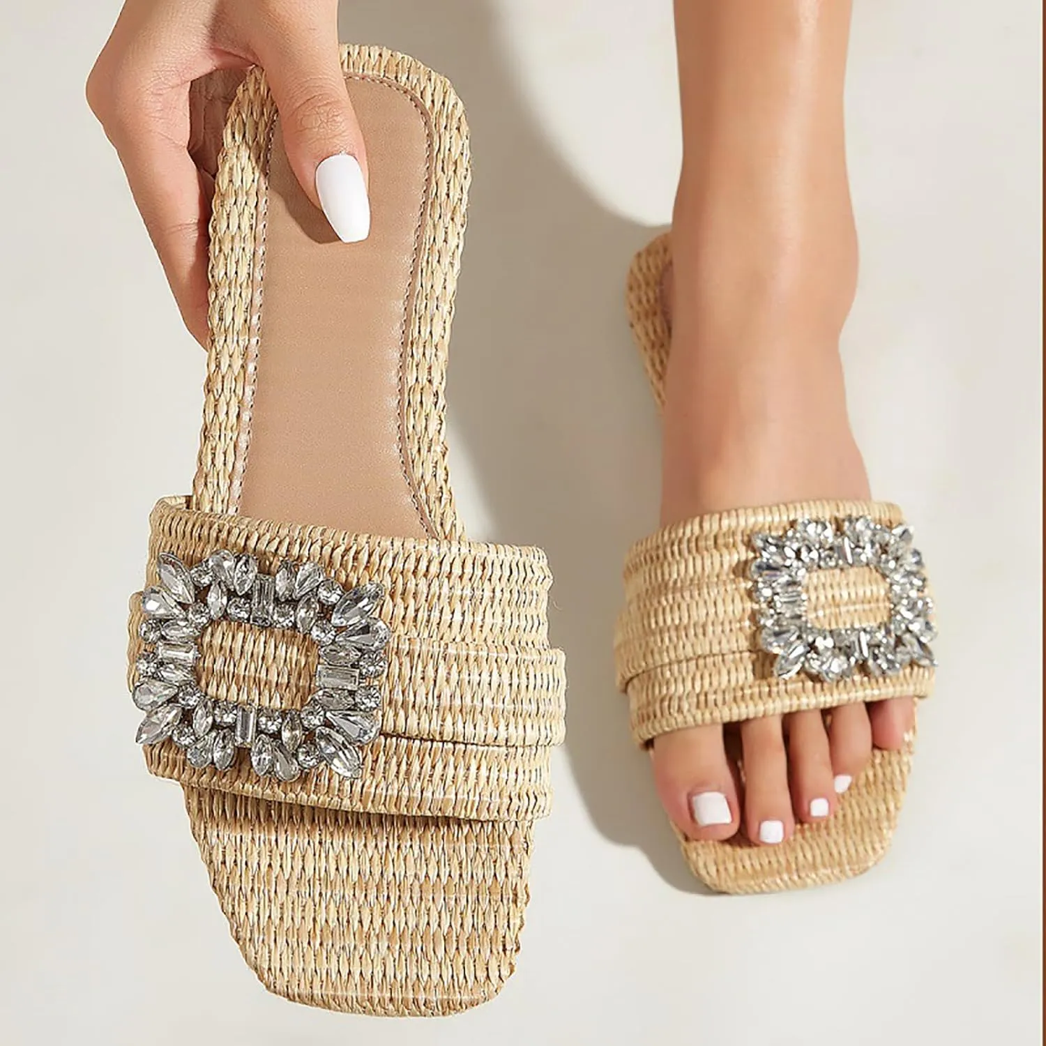 Women's Rhinestones Weave Wide Width Flat Slides Sandals Fashion Comfort Square Toe Slip on Summer Non-Slip Walking Slippers for Indoor Outdoor Beach Daily Casual Slippers