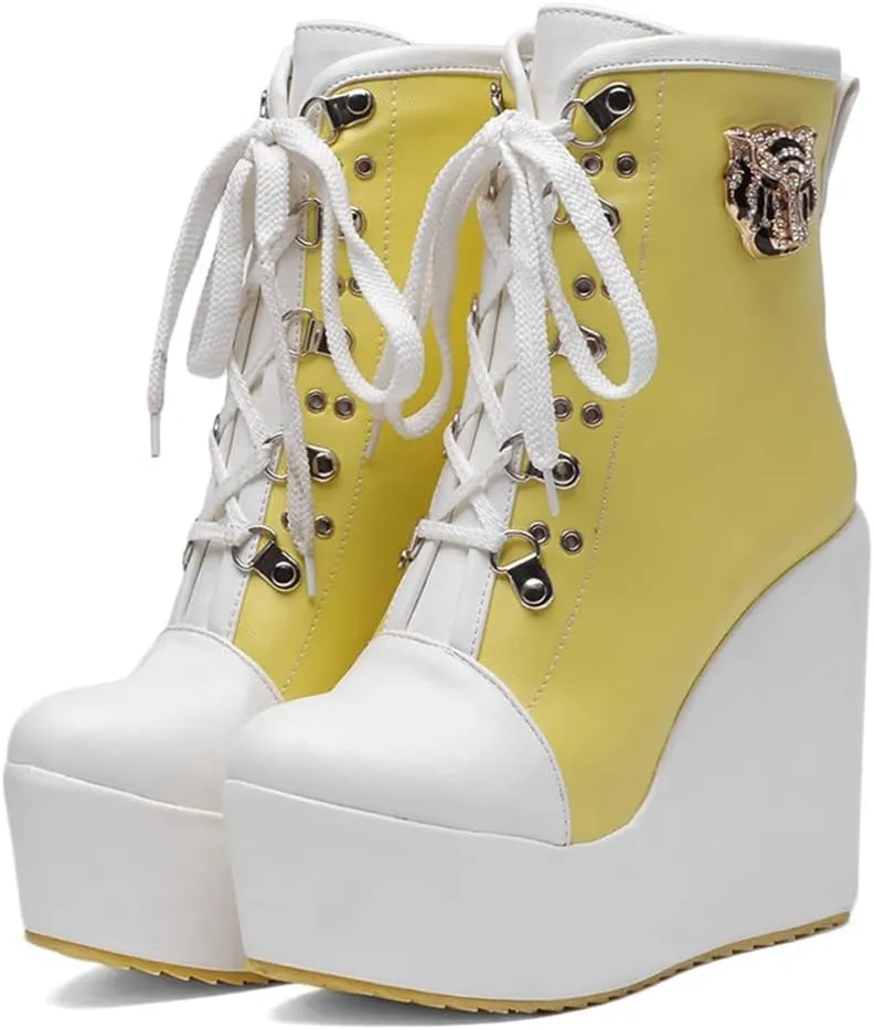 Women's Round Toe Wedge Platform Dress Ankle Boots Lace Up Chunky High Heels Dressy Short Booties