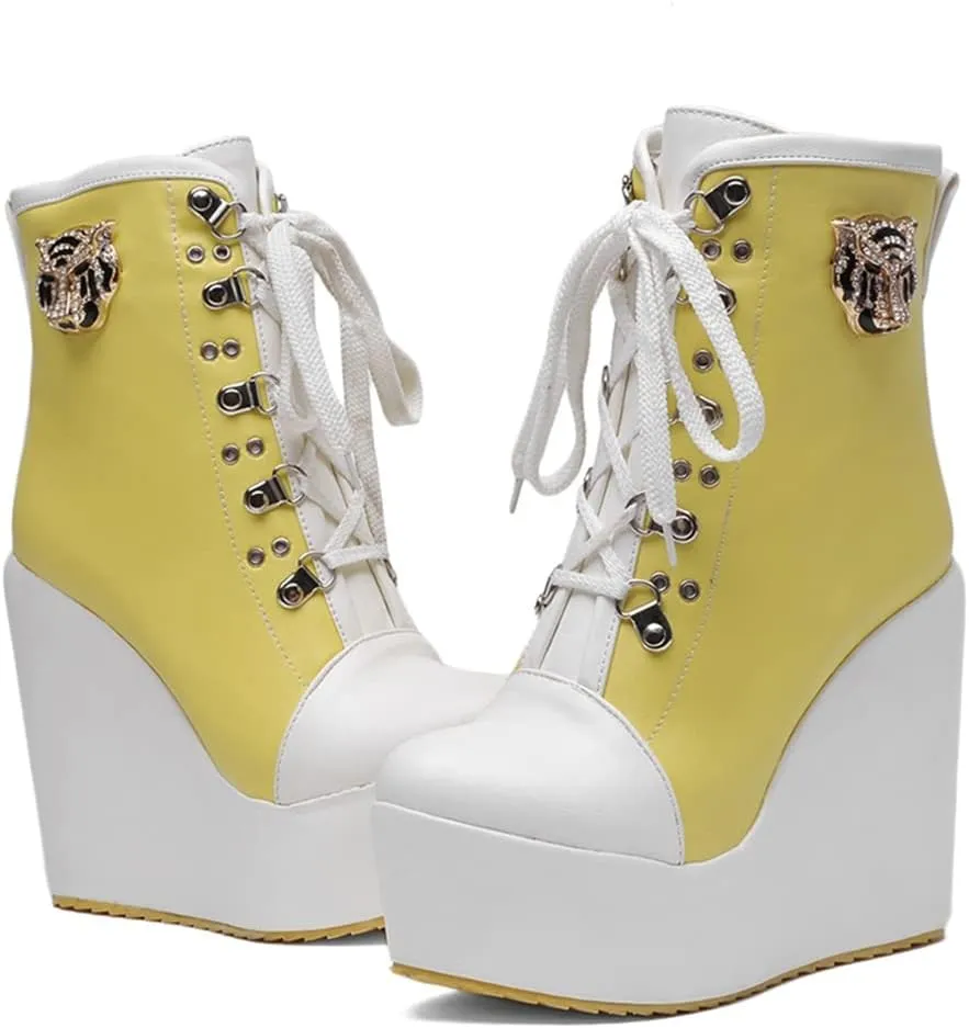 Women's Round Toe Wedge Platform Dress Ankle Boots Lace Up Chunky High Heels Dressy Short Booties
