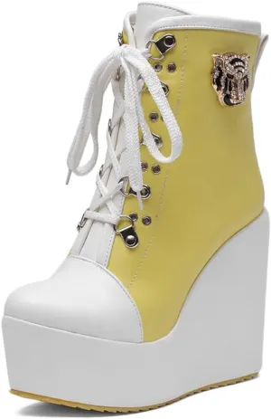 Women's Round Toe Wedge Platform Dress Ankle Boots Lace Up Chunky High Heels Dressy Short Booties