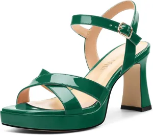 Women's Sandals Chunky High Heel - Adjustable Ankle Strap Open Toe Spool Heels Cross Toe Strap Prom Party Dress Pumps with Buckle