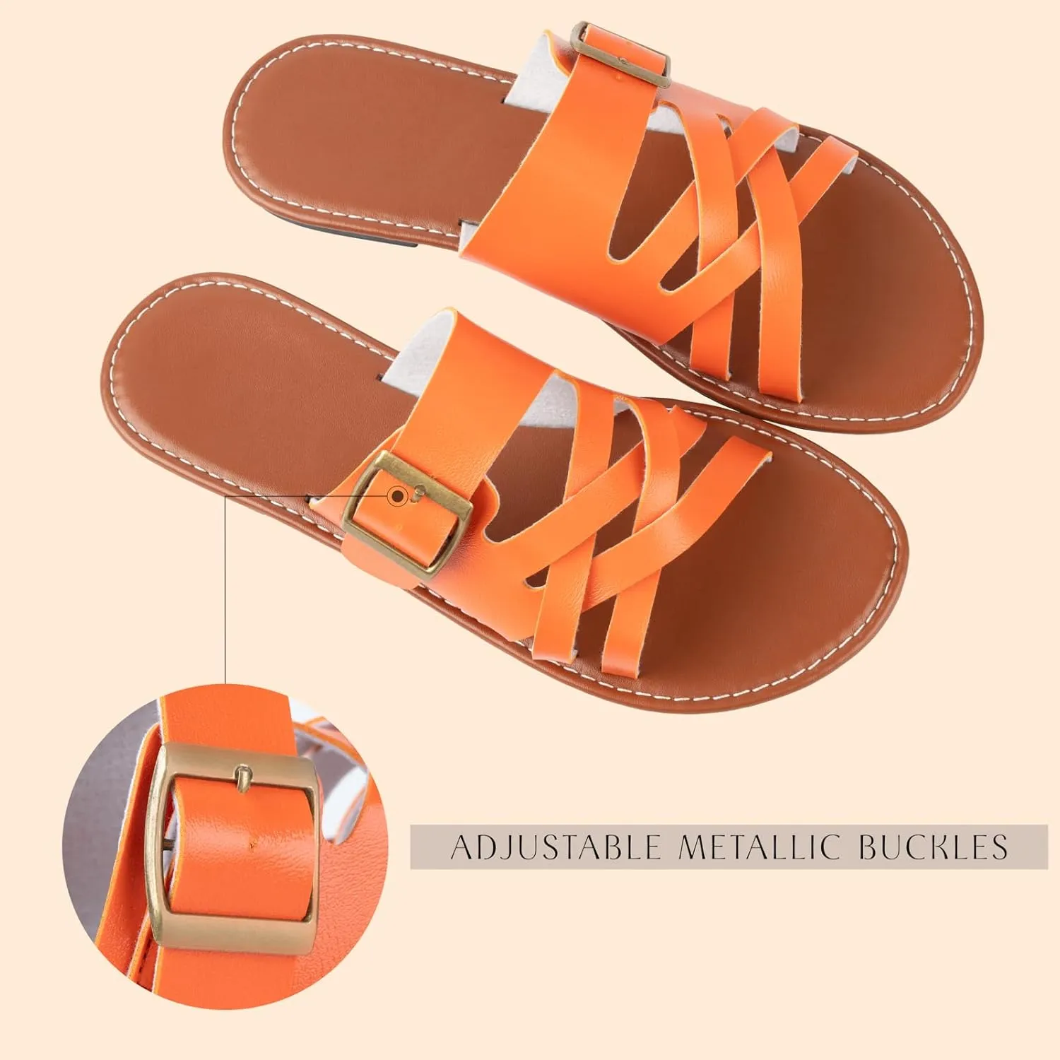 Womens Sandals Comfortable Wide Leather Crisscross Summer Square Toe Flat Slide Sandals